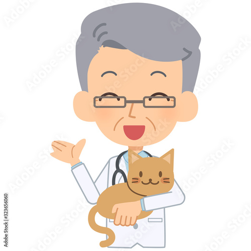 説明をする笑顔の獣医と猫