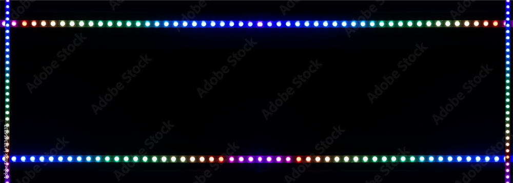 advertising concept colorful illumination lamps frame work pattern shape black background wallpaper space for copy or your text here