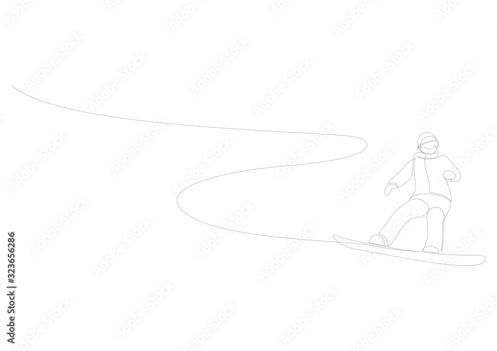 Continuous one line drawing of winter sport of snowboarding. A man on the snowboard freestyle. Vector minimalism design.