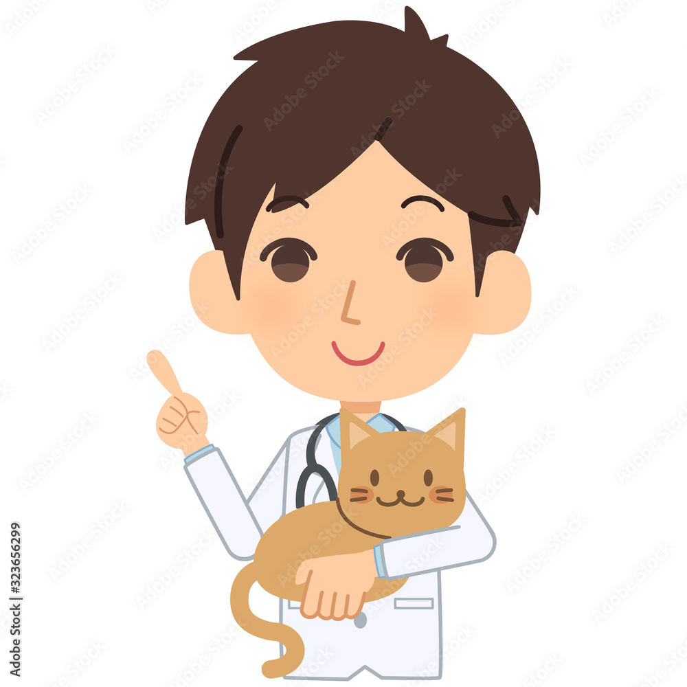 説明をする獣医と猫 説明をする獣医と猫