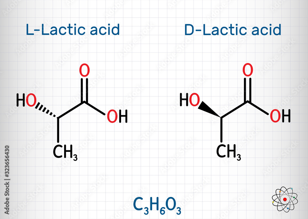 L-Lactic acid and D-Lactic acid, lactate, milk sugar, C3H6O3 molecule ...