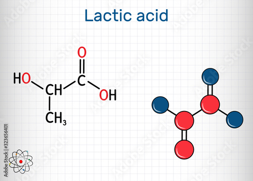 Lactic acid, lactate, milk sugar, C3H6O3 molecule. It is food additive E270 and alpha-hydroxy acid AHA.  Structural chemical formula and molecule model. Sheet of paper in a cage