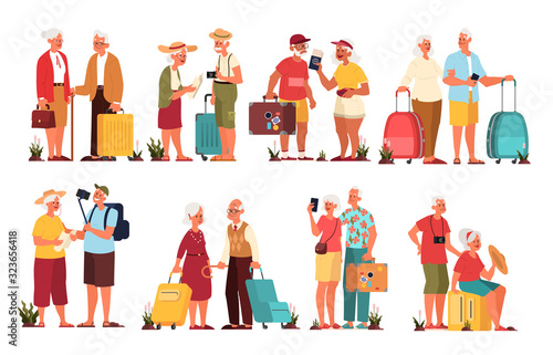 Vector illustration set of elderly tourist with laggage and handbag.