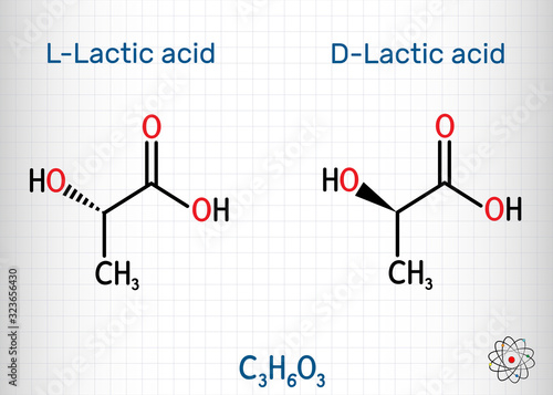 L-Lactic acid and D-Lactic acid, lactate, milk sugar, C3H6O3 molecule. It is chiral, consisting of two enantiomers.  Structural chemical formula. Sheet of paper in a cage