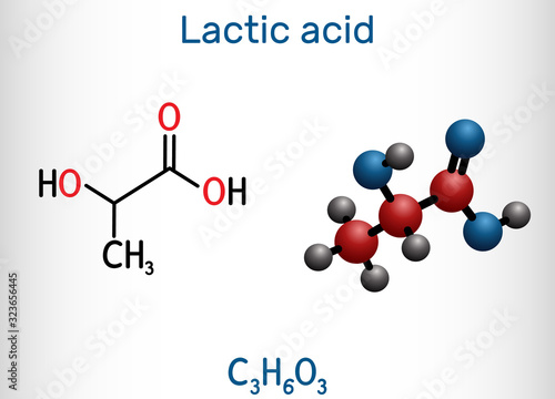 Lactic acid, lactate, milk sugar, C3H6O3 molecule. It is food additive E270 and alpha-hydroxy acid AHA.  Structural chemical formula and molecule model