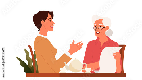 Old woman write a testament. Senior draw a will.