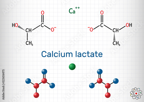 Calcium lactate, C6H10CaO6, lactate anion molecule. It is used in medicine to treat calcium deficiencies and as food additive E327. Sheet of paper in a cage