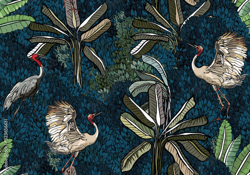  Seamless Pattern Hand Drawn Print Cranes in India Palms and Tropical Plants in Dark Blue Colors