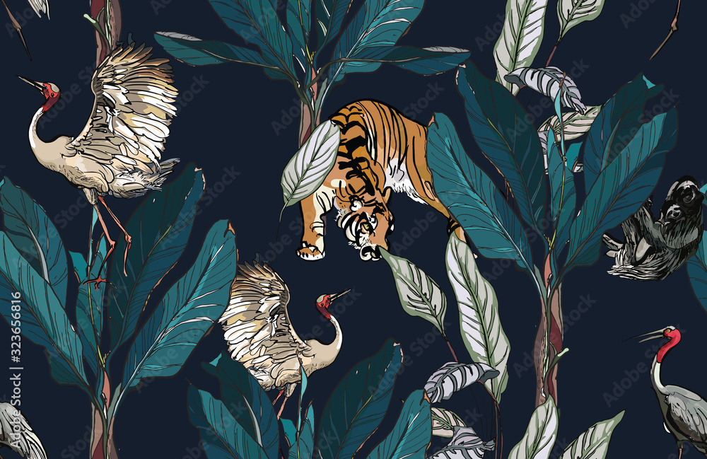 custom made wallpaper toronto digitalSeamless Pattern Dancing Cranes and Sloth with Tiger and Jungle Palms Exotic Rainforest on Dark Background