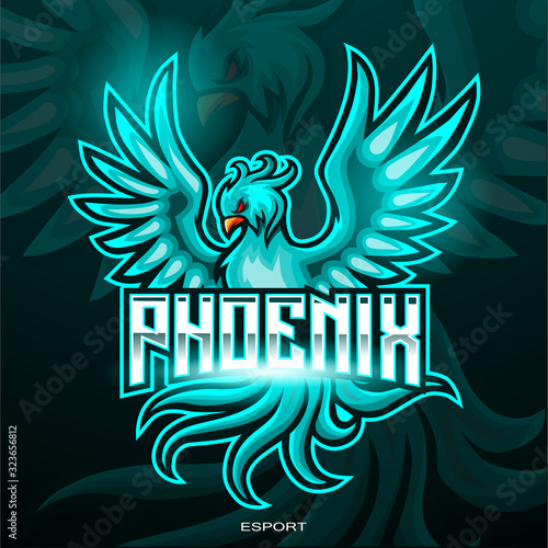 Blue phoenix bird mascot logo for electronic sport gaming logo.