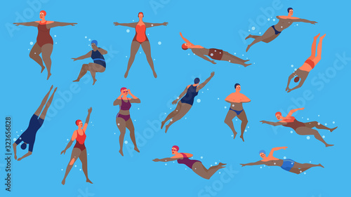Old people in swimming pool set. Elderly character