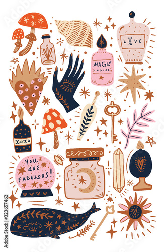 Vector vintage collection of witchcraft cartoon elements, magic shop for witches concept, wizard symbols set. Hand drawn fairy tale decor