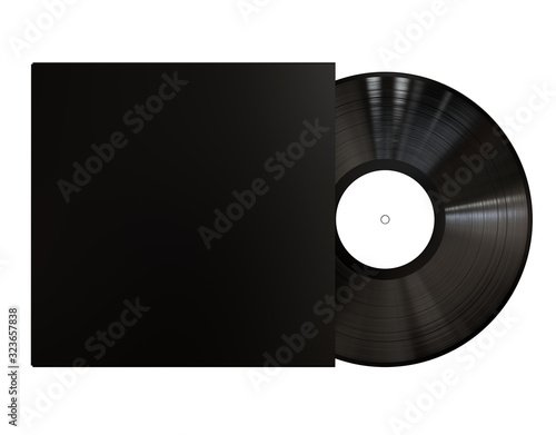Black Vinyl Disc Mock Up. Vintage LP Vinyl Record with Black Cover Sleeve and White Label Isolated on White Background. 3D Render.