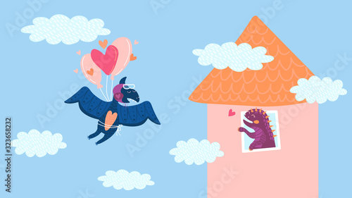 Cute dinosaur pterodactyl flying to his girlfriend, vector illustration. Childish cartoon characters, romantic story of love. Dino pterosaur fly on heart shaped balloons to castle tower, valentine day