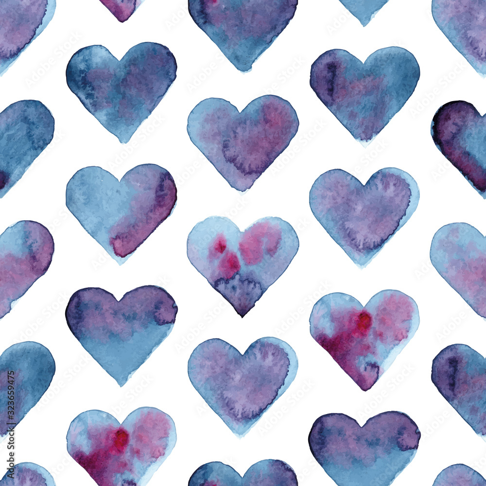 Vector blue and pink watercolor hearts seamless pattern background