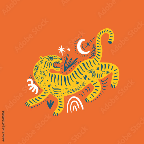 Vector card with cute ornate boho asian style tiger. Beautiful animal print design. Fashionable stylish poster