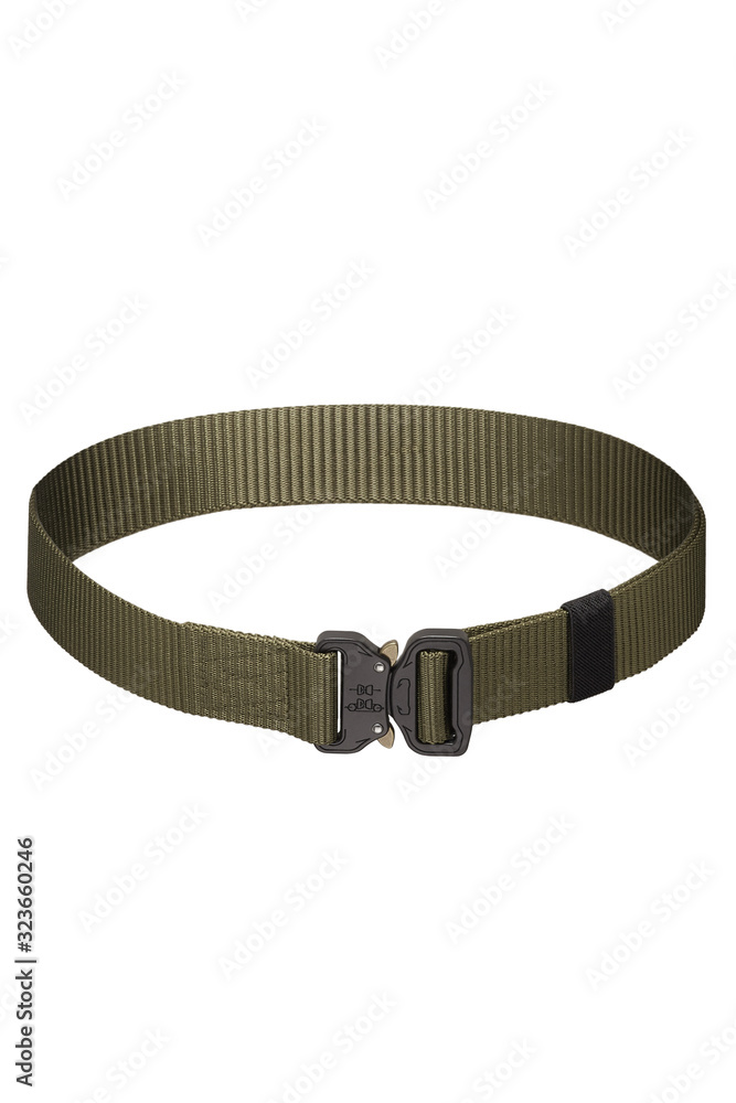 Subject shot of a khaki canvas belt fitted with a black metal male buckle and a black belt loop. The webbing belt is isolated on the white background. Subject shot of a khaki canvas belt fitted with a black metal male buckle and a black belt loop. The webbing belt is isolated on the white background.