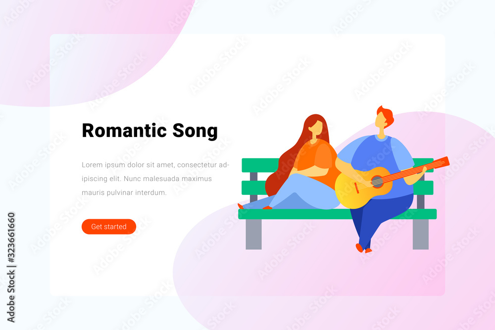 Guy with guitar sings romantic song girl on bench Flat vector illustration. Landing Page design template. Guy with guitar sings romantic song girl on bench Flat vector illustration. Landing Page design template.