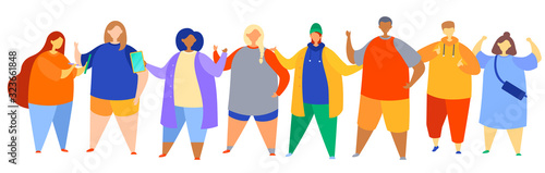 Team work Flat vector illustration concept. Teamwork Coworking creative People standing together hold devices.