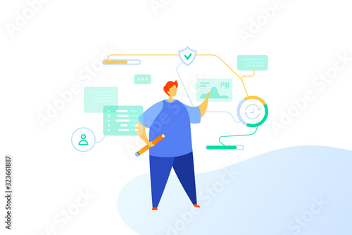 Protection Secure Data Access Flat vector illustration concept. Man looks at chart graph analyzes statistics of shield protected profile.