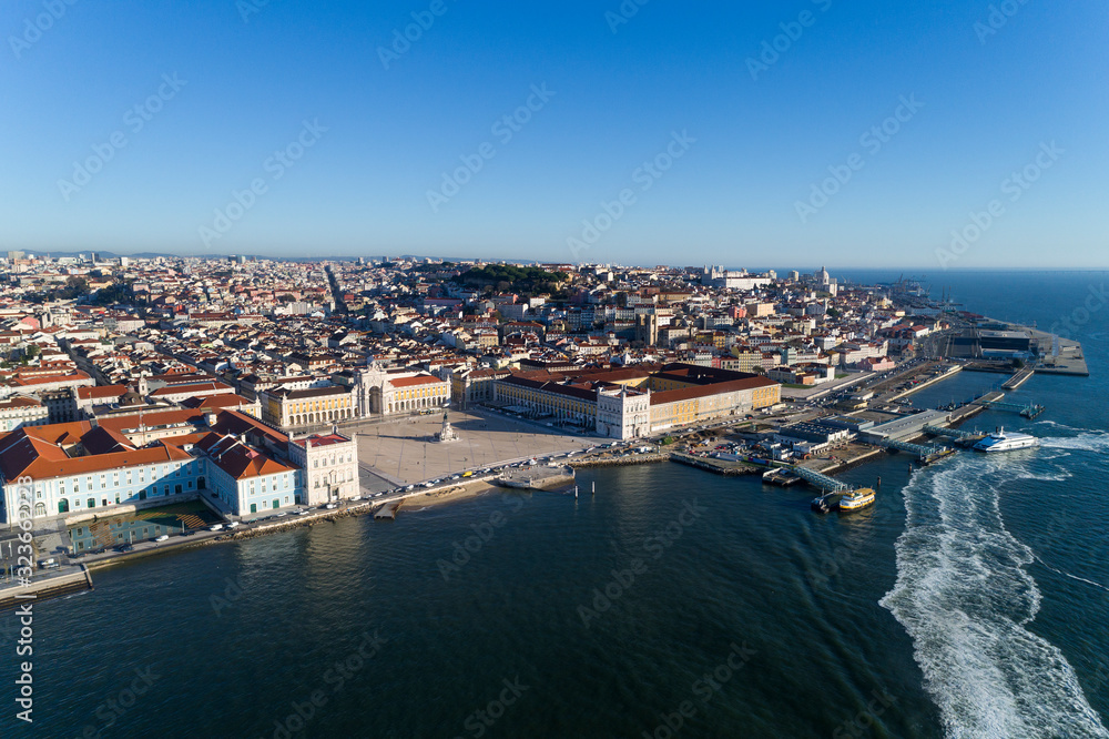 Aerial view of the skyline of the city of Lisbon with the Comercio Square, the Alfama Neighbourhood and the Tagus River, in Portugal
