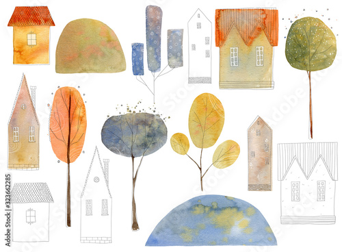 Set of cute summer and spring houses, trees and hills. Hand drawn watercolor illustration.