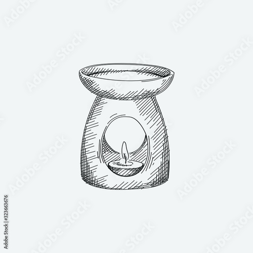 Hand-drawn sketch of a candle in a candle burner on white background.
