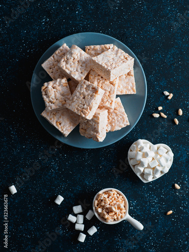 Homemade bars of Marshmallow and crispy rice photo