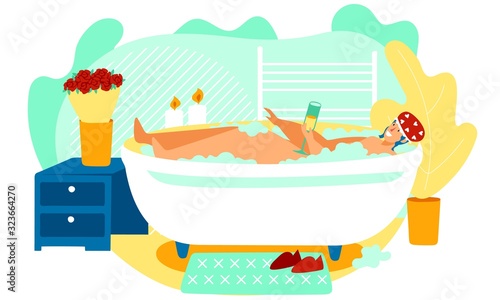 Woman bathing in romantic atmosphere  relax at home  vector illustration. Flower bouquet  candles and champagne in bathroom  happy woman relaxing in bathtub. Cartoon character in colorful flat style