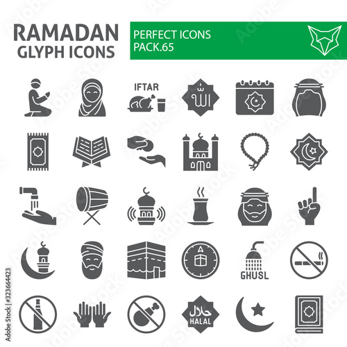 Ramadan glyph icon set, islamic holiday symbols collection, vector sketches, logo illustrations, islam icons, muslim day signs solid pictograms package isolated on white background, eps 10.