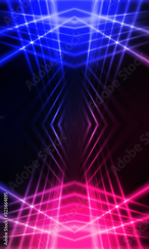 Background of empty stage show. Neon blue and purple light and laser show. Laser futuristic shapes on a dark background. Abstract dark background with neon glow