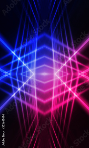 Background of empty stage show. Neon blue and purple light and laser show. Laser futuristic shapes on a dark background. Abstract dark background with neon glow © MiaStendal