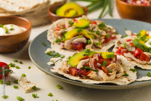 Mini tortillas with tomato salsa, avocado and boiled chicken. Front view.