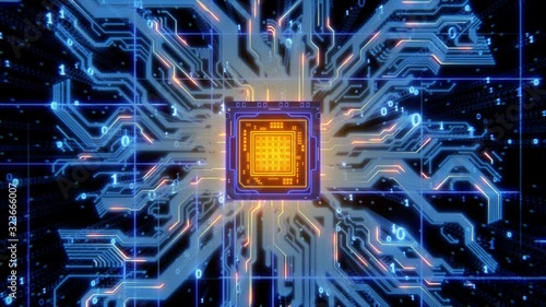 Abstract glowing processor with wires, circuits, signals, and digits 3d render