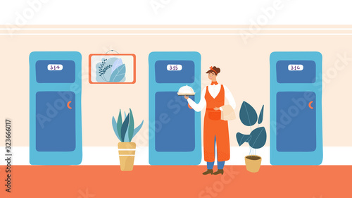 Hotel room service, catering woman holding covered dish, vector illustration. Waitress cartoon character delivering food to hotel room, smiling woman professional staff, luxury service catering