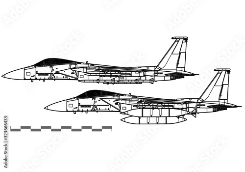 McDonnell Douglas F-15 Eagle. Vector drawing of modern combat aircraft. Side view. Image for illustration.