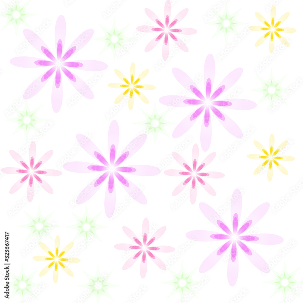 Floral seamless pattern. Feminine print with repeating daisies. Pink, purple, yellow, white background. Illustration. Floral seamless pattern. Feminine print with repeating daisies. Pink, purple, yellow, white background. Illustration.