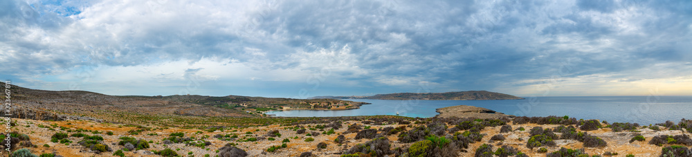 Panorama of stone desert. Panoramic Landscape of Comino Island, Malta