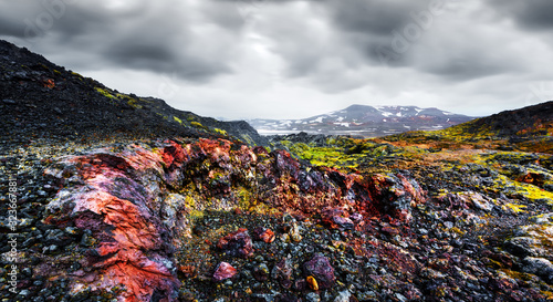 Panoramical view of Reeky lavas field in the geothermal valley Leirhnjukur, near Krafla volcano, Iceland, Europe. Landscape photography photo