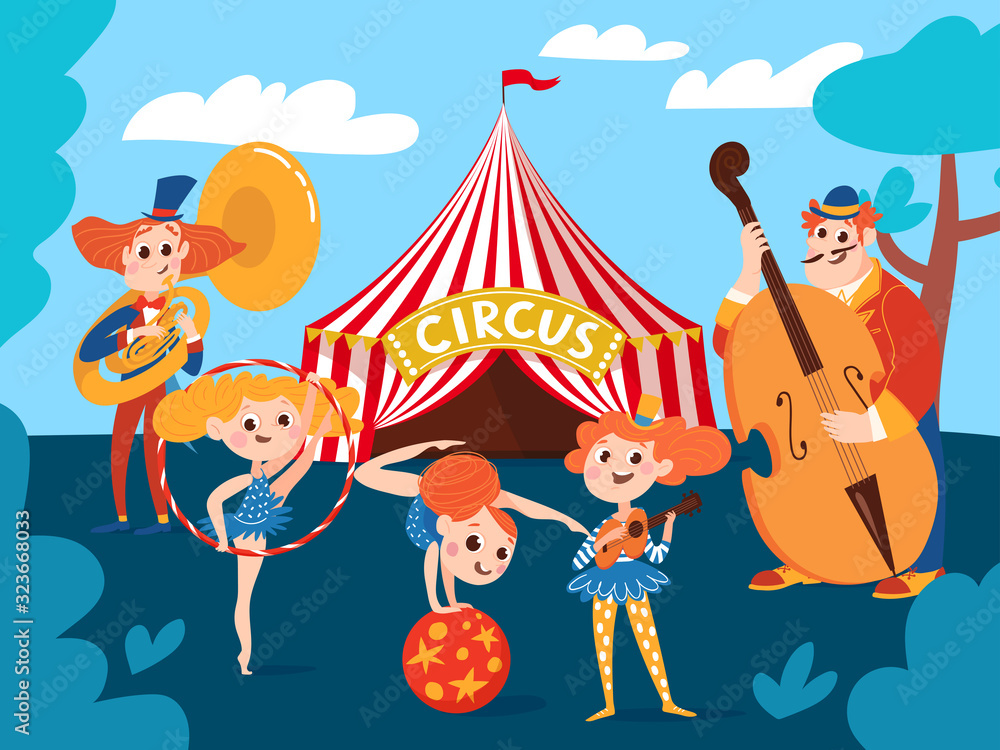 Naklejka premium Circus background with musicians and cartoon cute characters