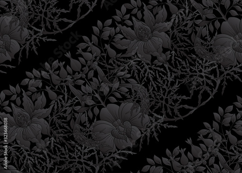 Floral Seamless pattern, background with In art nouveau style, vintage, old, retro style. Vector illustration in black colors..