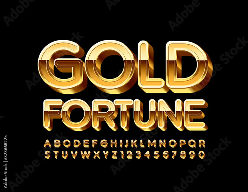 Vector premium logo Gold Fortune. Golden Alphabet Letters and Numbers. Stylish 3D Font.