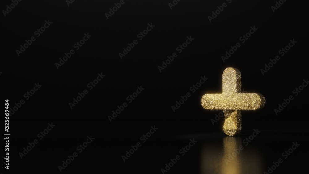 Obraz premium science glitter gold glitter plus symbol 3D rendering on dark black background with blurred reflection with sparkles