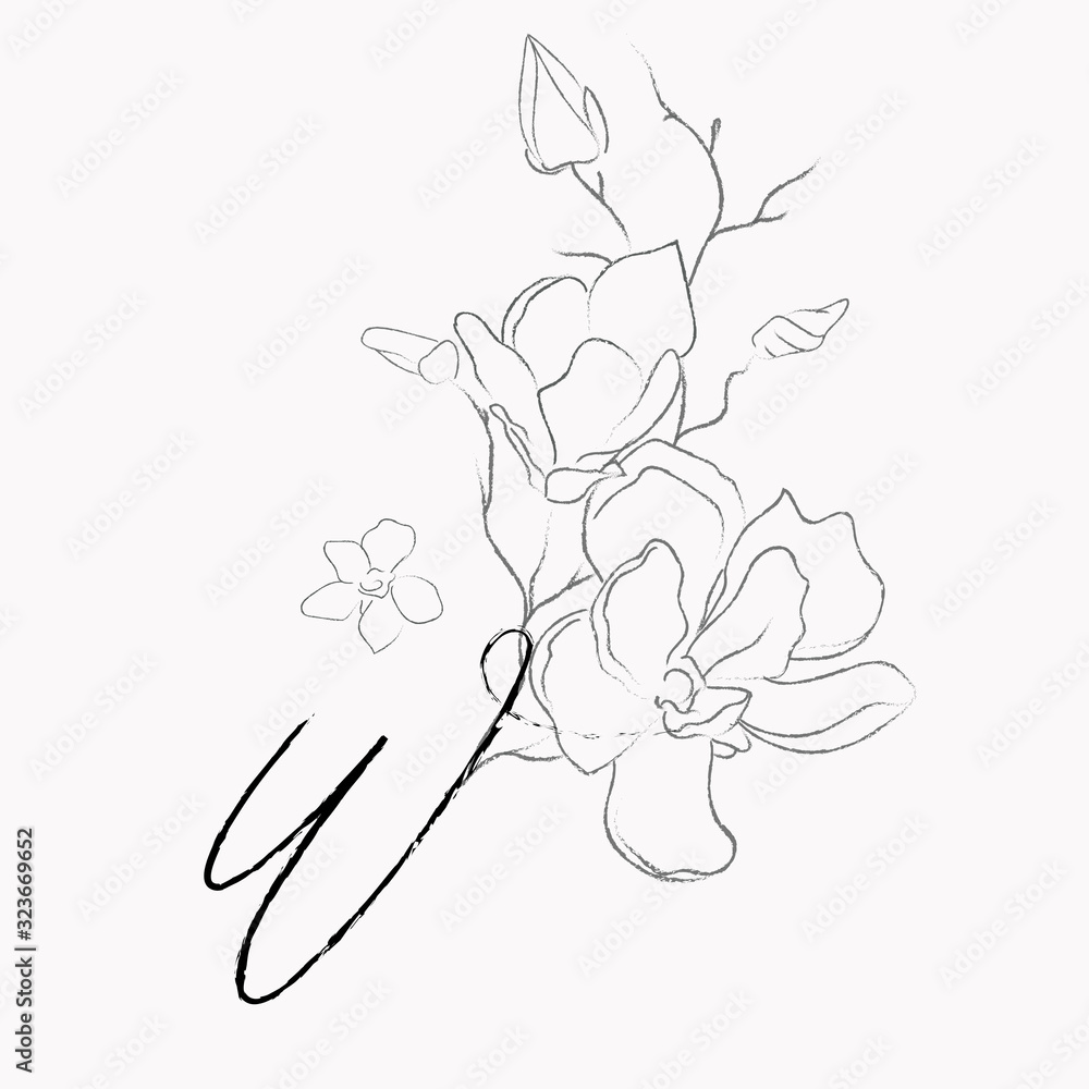 Handwritten Floral Logo Template. Line Drawing Monogram W with Magnolia