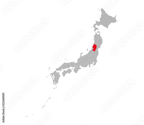 Yamagata province marked on Japan map. Gray background. Perfect for business concepts, backgrounds, backdrop, sticker, banner, poster, label, chart, presentation etc.