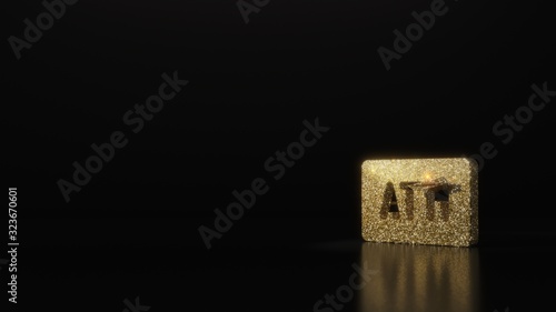 Fototapeta Naklejka Na Ścianę i Meble -  science glitter gold glitter symbol of atm sign 3D rendering on dark black background with blurred reflection with sparkles