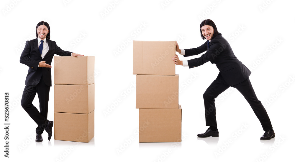 Funny man with boxes on white Funny man with boxes on white