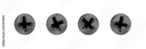 Set Metal self-tapping screws, heads, grey textured bolt caps. Twisted in surface screw isolated on white background. Macro black and matte objects top view, hats metalwares. Vector illustration