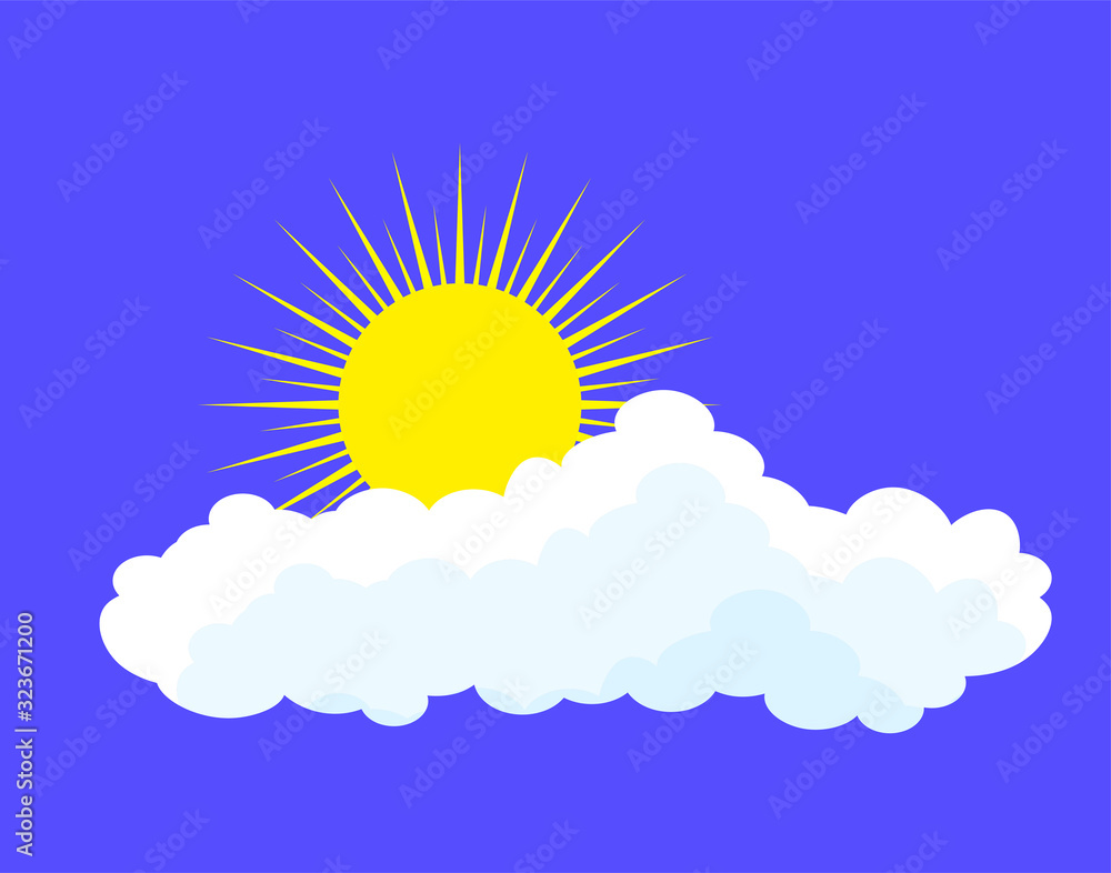 Flat sun and cloud Icon. Summer pictogram on blue background. Sunlight symbol. Vector illustration, EPS10 Flat sun and cloud Icon. Summer pictogram on blue background. Sunlight symbol. Vector illustration, EPS10
