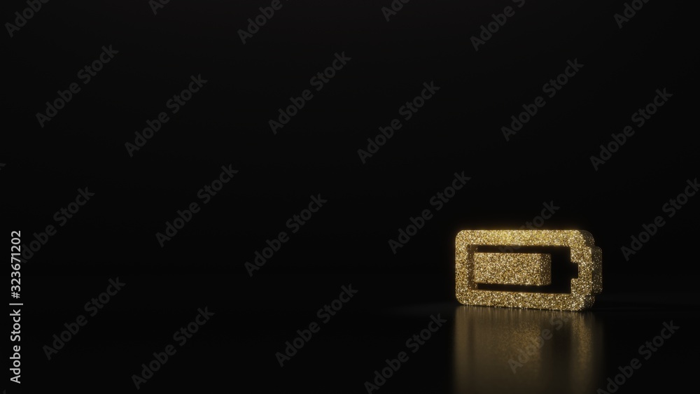 science glitter gold glitter horizontal symbol of battery three quarters 3D rendering on dark black background with blurred reflection with sparkles science glitter gold glitter horizontal symbol of battery three quarters 3D rendering on dark black background with blurred reflection with sparkles